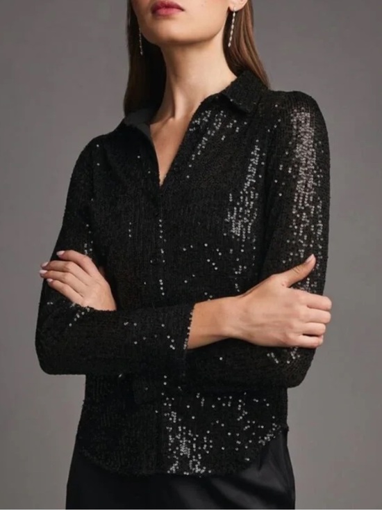 Anthropologie Tops - Anthropologie Sunday In Brooklyn Sequin Button Down Top Sequins Black